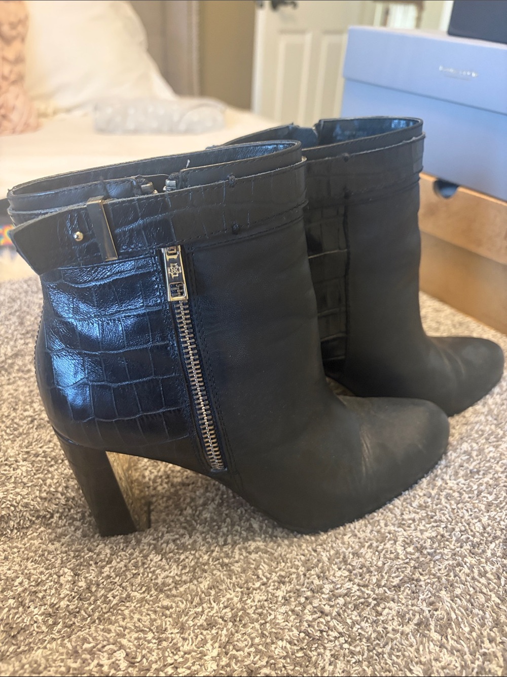 Ann Taylor Black Croc-Embossed Leather Ankle Boots with Gold Heel Accent